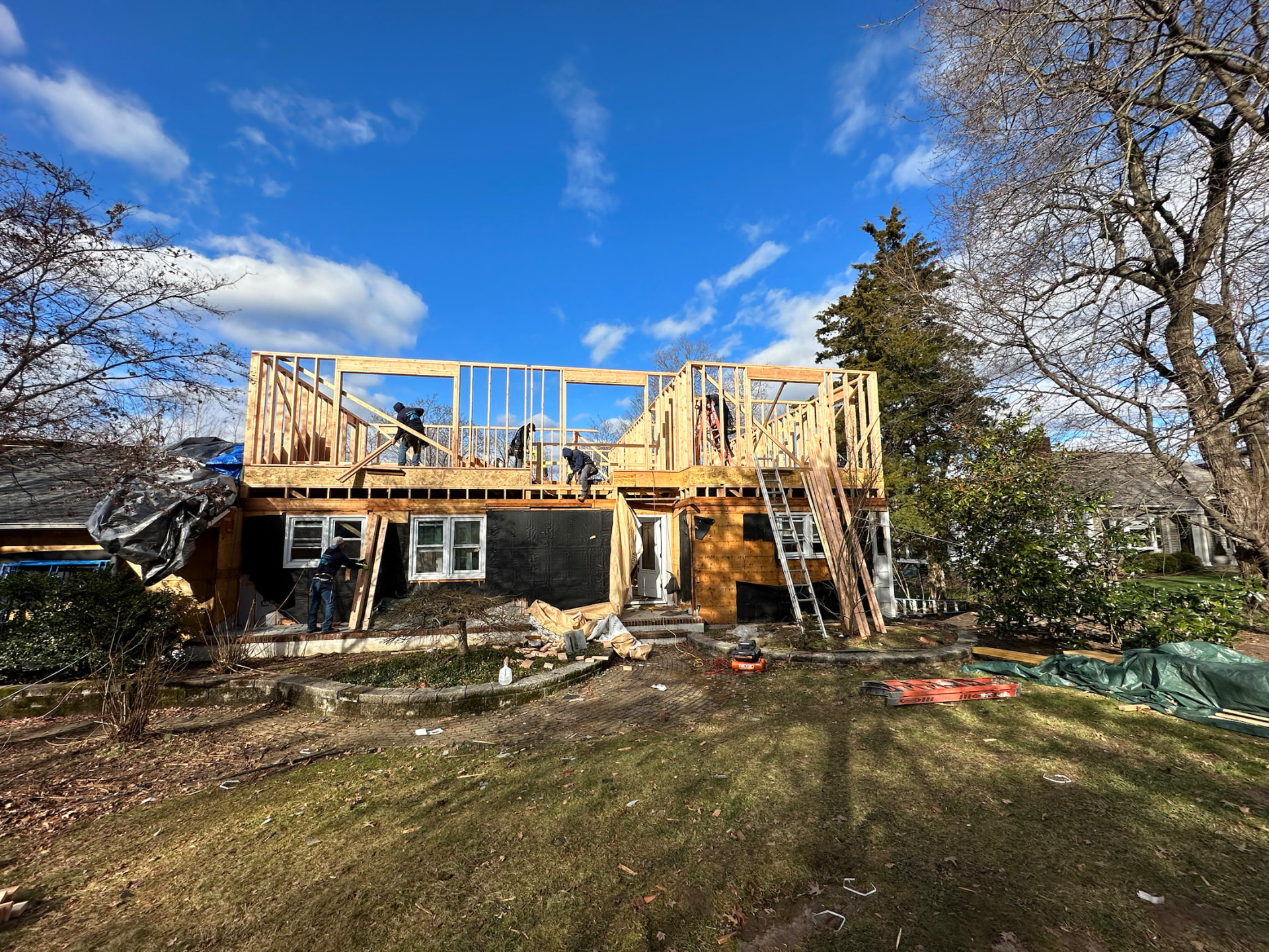 Second-story addition framed on an existing home